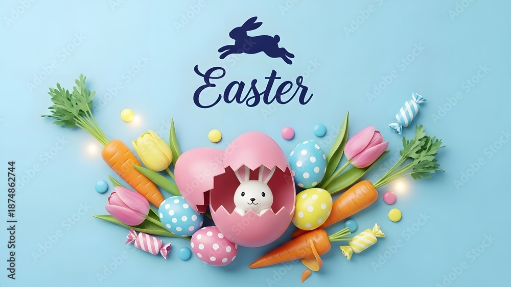 Naklejka premium Easter celebration with bunny and colorful eggs