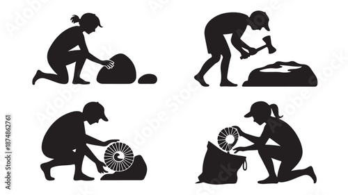 Workers processing stones with diligent effort in monochrome industrial vector illustration for mining, archaeology, and labor themes.