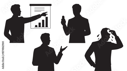 Male business silhouettes in diverse professional actions with monochrome graphic vector illustration for corporate communication.