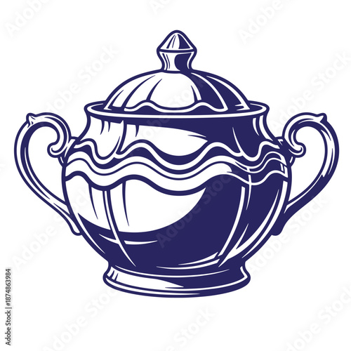 blue and white illustration of a covered dish with handles on both sides for serving food  kitchenware