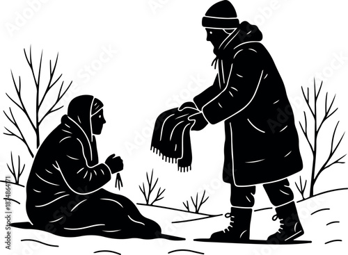 Compassionate man offering warm scarf to shivering friend in winter