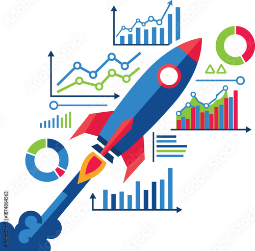 Rocket Launching with Financial Data Charts and Graphs, Concept of Rapid Business Growth, Startup Success and Market Analytics Vector Illustration