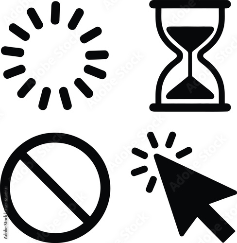 Set of Four Icons with Various Meanings , icon, burst, hourglass, prohibition, cursor, symbol, sign, 