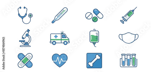 Medical Health Care Icons Set: Stethoscope, Syringe, Pills, Ambulance, Heart