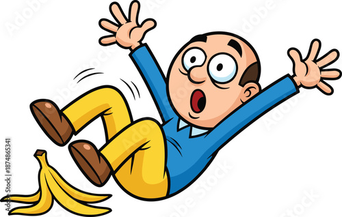 Man Slipping on Banana Peel and Falling, Comedic Male Character Accident and Safety Concept, Whimsical Physical Comedy and Blunder Vector Illustration