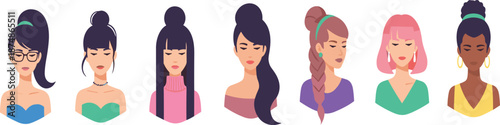 Female avatar portraits vector illustration set with diverse women hairstyles and fashion styles isolated on white background