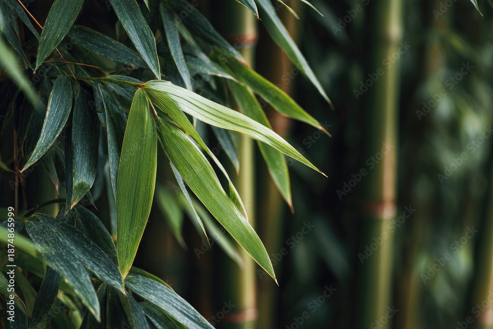 Fototapeta premium Close-up of vibrant green bamboo leaves with blurred stalks in the background