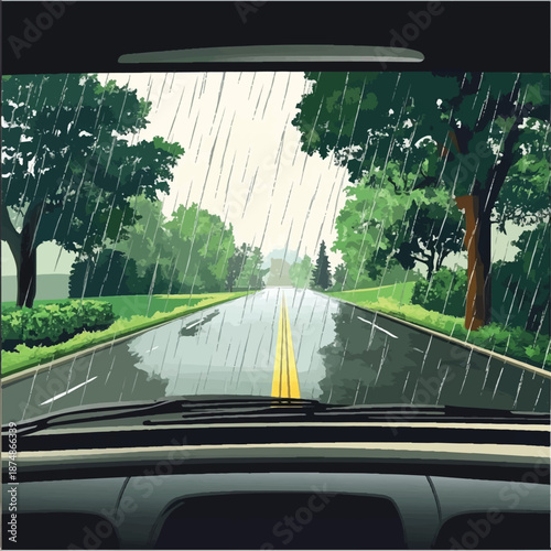 Rainy Day Drive Through Lush Green Trees