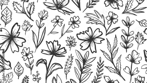 Floral background pattern vector, hand drawn sketch style botanical spring flowers, vintage bohemian wildflowers, organic bloom and leaf doodle line art for decorative garden foliage backdrop