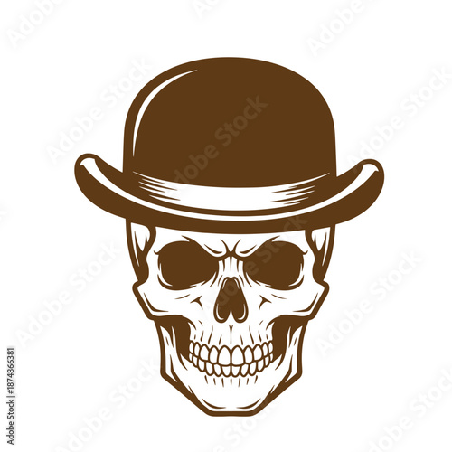 smiling skull wearing brown bowler hat on white background