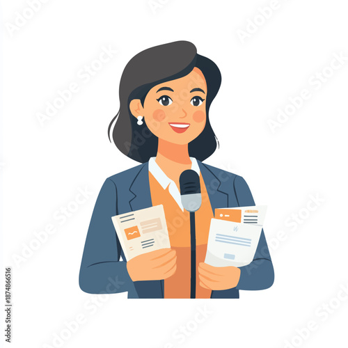 Professional Female Speaker with Microphone and Documents.