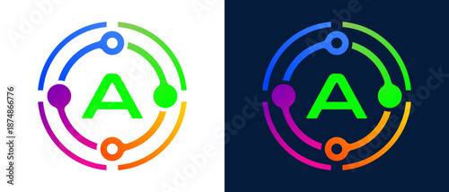 Modern letter “A” logo with colorful circular connection elements, representing digital technology, network connectivity, innovation, and smart systems.