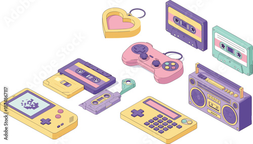 Isometric retro gadgets and vintage electronics vector illustration set with cassette tapes, game console, and boombox