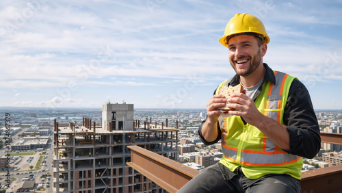 Smiling construction worker eating lunch on a steel beam. Happy man in hard hat and safety vest taking a break at a high-rise building site. Urban city view background