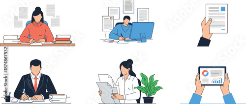 Office people working with documents and reports vector illustration set isolated on white background for business design