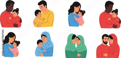 Parents hugging children illustration set, diverse family love, mother and father bonding, flat vector characters