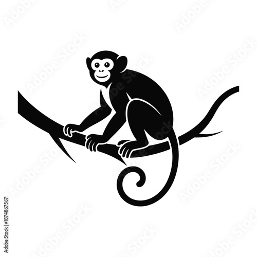 Monkey sitting on tree branch vector illustration adorable primate with curly tail wildlife creature black silhouette on white background
