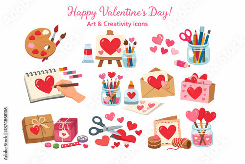 Valentine’s Day Art and Creativity Flat Icon Set with Painting, Drawing Hearts, and Handmade Gifts