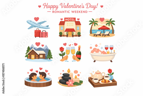 Valentine’s Day Romantic Weekend Flat Icon Set with Trips, Hotels, and Relaxing Activities