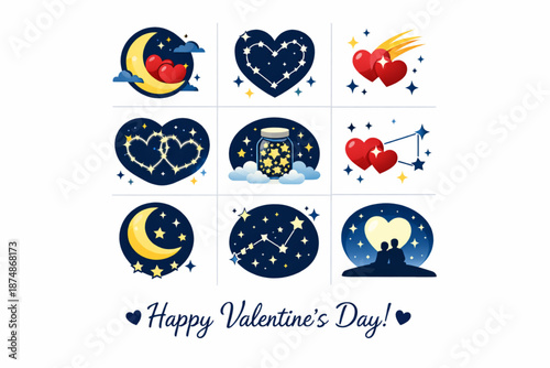 Valentine’s Day Night Sky Flat Icon Set with Moonlit Hearts, Stars, and Constellations