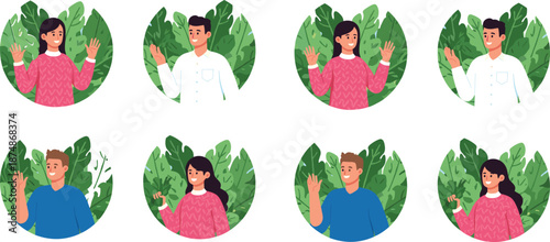 People waving hello illustration set with green tropical leaves background, friendly greeting characters collection