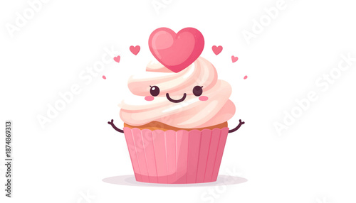 Happy cartoon cupcake with heart shaped decoration and smiling face.