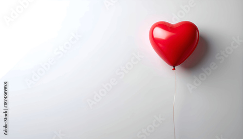 Red heart shaped balloon on white background with copy space.