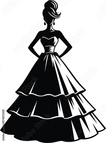 Elegant Black Silhouette of a Woman in a Tiered Ball Gown Dress for Fashion and Design