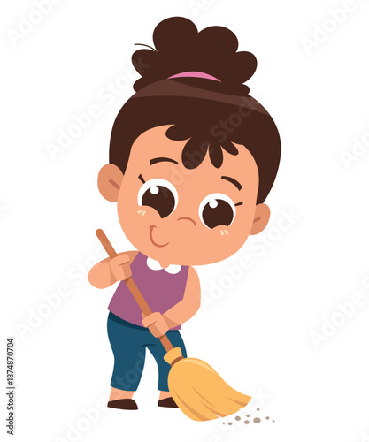 Cute Girl Sweeping Floor Cartoon Illustration