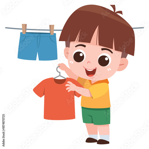 Cute Boy Hanging Clothes Illustration – Child Doing Household Chores