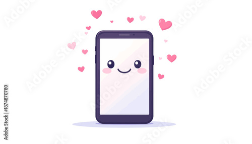 Smiling mobile phone surrounded by pink hearts on white background.