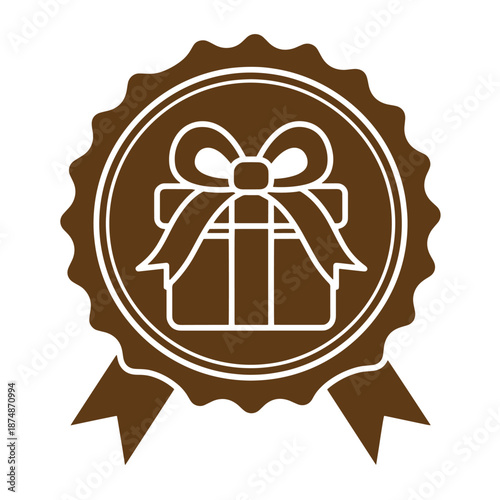 Drawing Vintage Brown gift certificate badge with white outline of present and ribbon  symbol for special offers and rewards