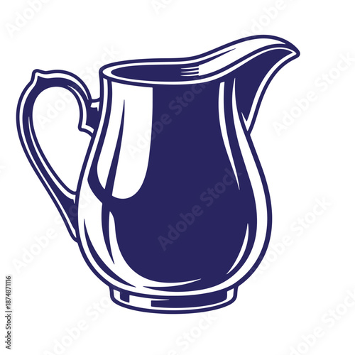 dark blue shiny pitcher with handle and spout on white background