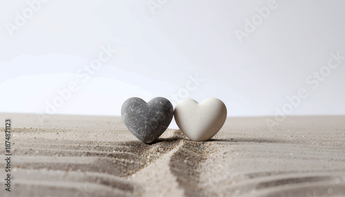 Two heart-shaped stones on a sandy surface against a white background.