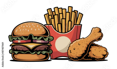 Retro fast food illustration of burger fries and fried chicken vector