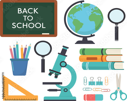 Back to school education supplies vector illustration set with books globe microscope stationery and classroom tools isolated on white background