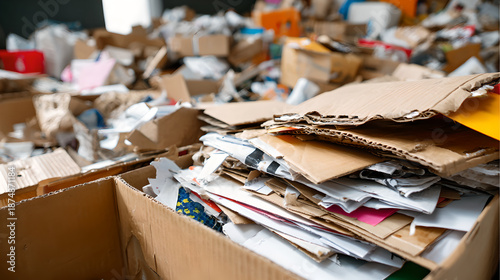 Massive outdoor collection of flattened corrugated cardboard boxes and colorful discarded paper waste.