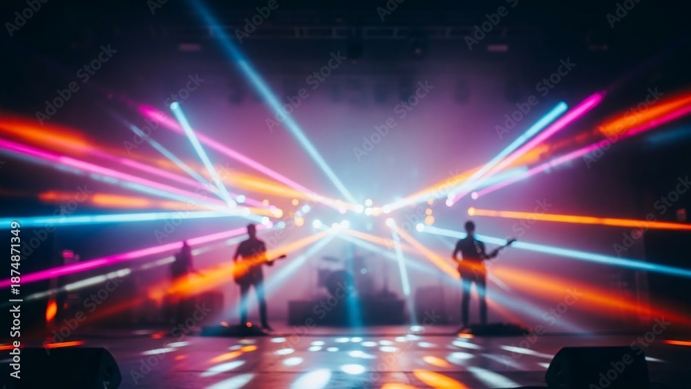 Obraz premium Rock band performing on stage with vibrant laser lights.