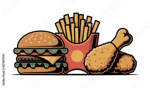 Retro vintage fast food illustration featuring burger fries and fried chicken