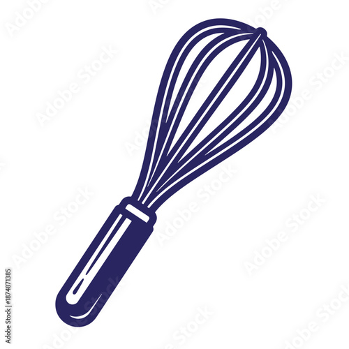 Dark blue whisk with long wires and handle for mixing and blending ingredients in kitchen