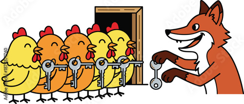 Chickens Handing Keys to a Sly Fox, Concept of Misplaced Trust, Security Breach, and Irony, Whimsical Animal Character and Storytelling Metaphor Vector Illustration