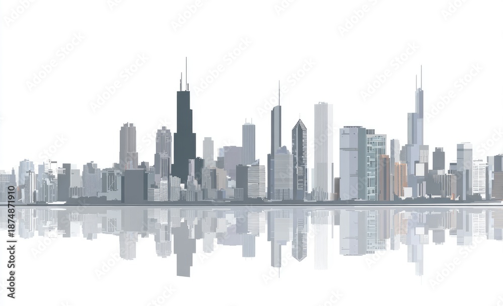 Fototapeta premium A cityscape illustration mirroring a modern urban silhouette on a bright, minimalist backdrop