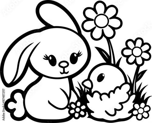 SVG vector illustration of an Easter bunny with flowers and a chick.Cute Bunny and Chick with Flowers for Kids' Coloring