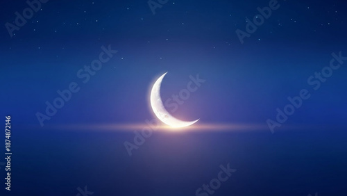 A serene night sky with a crescent moon shining brightly over calm waters
