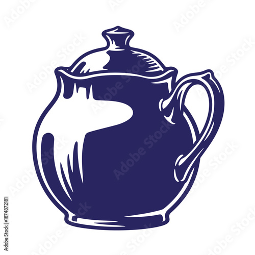 Drawing of a dark blue teapot with a lid and handle on a transparent background