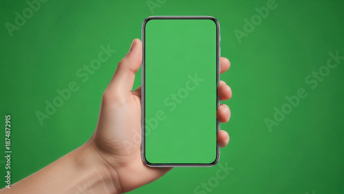 Hand Holding Smartphone with Green Screen Display