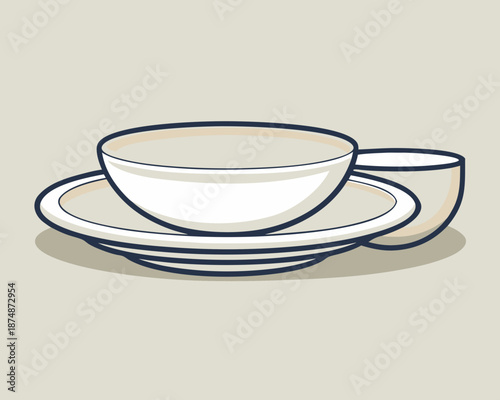 Minimalist Ceramic Dishware Collection with Bowl and Teacup – Clean Modern Tableware Illustration