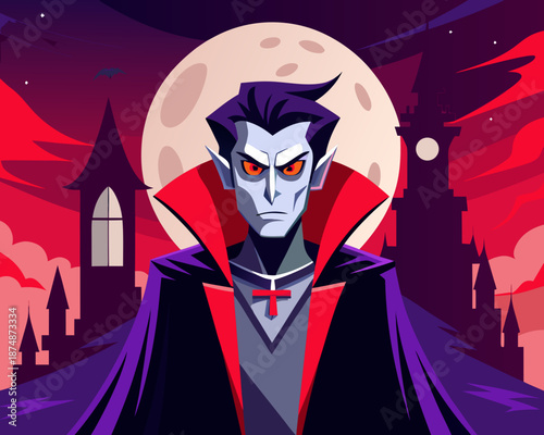 Dark Vampire Lord Under Red Sky and Full Moon – Gothic Horror Digital Illustration