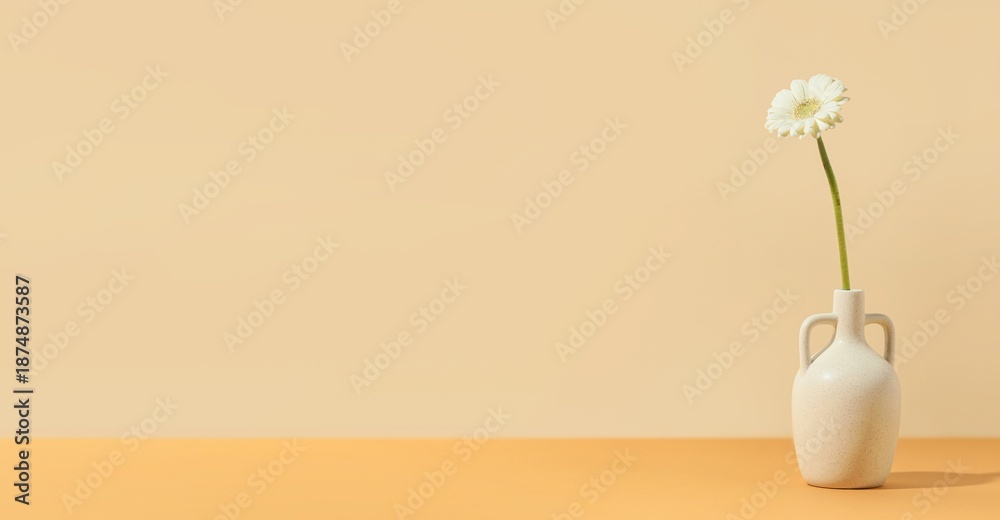Obraz premium Vase with gerbera flower on beige background with space for text