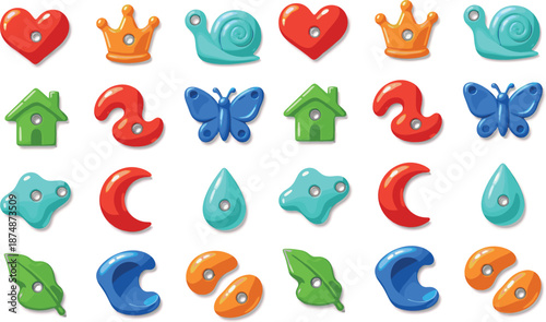 Colorful glossy sewing buttons set with hearts animals nature shapes for kids crafts and clothing design